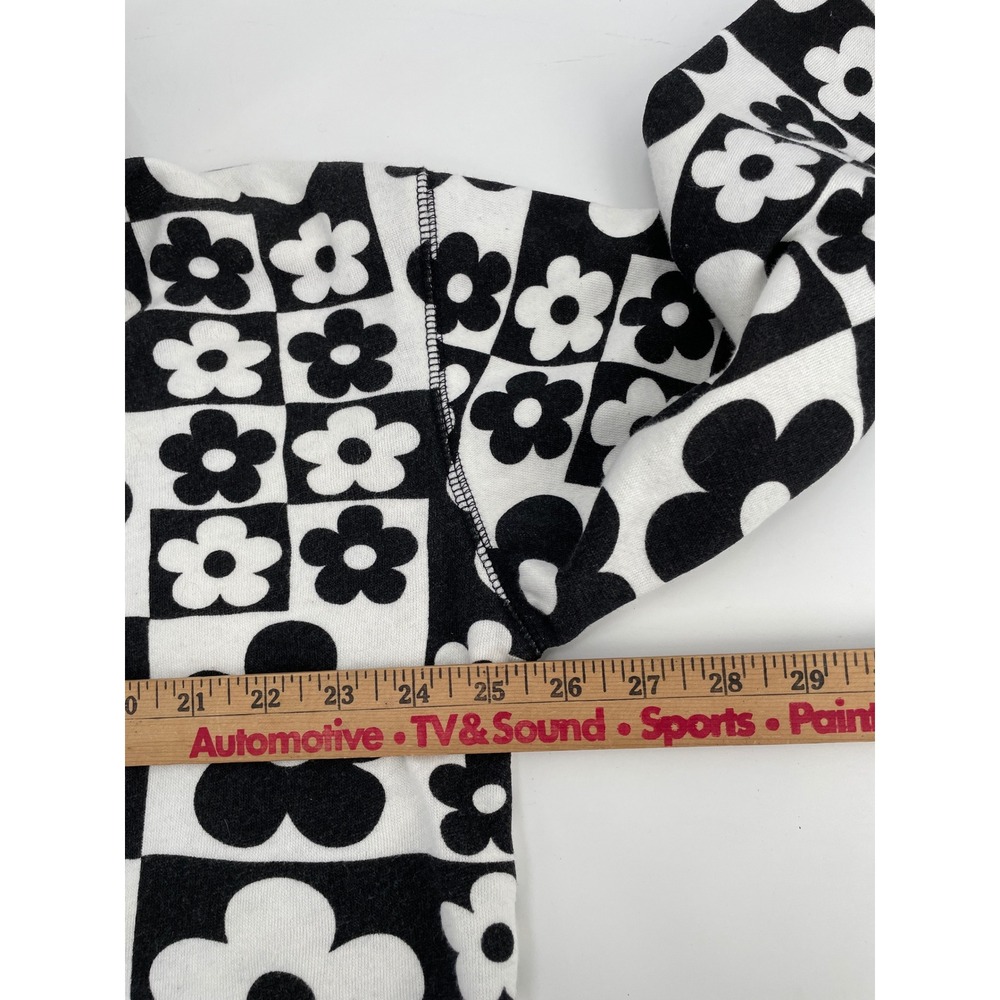 Cropped Hoodie Women Large Black White Retro Floral Check Indie Streetwear Y2K - Picture 6 of 8